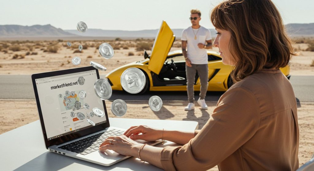 lady using computer and luxury car
